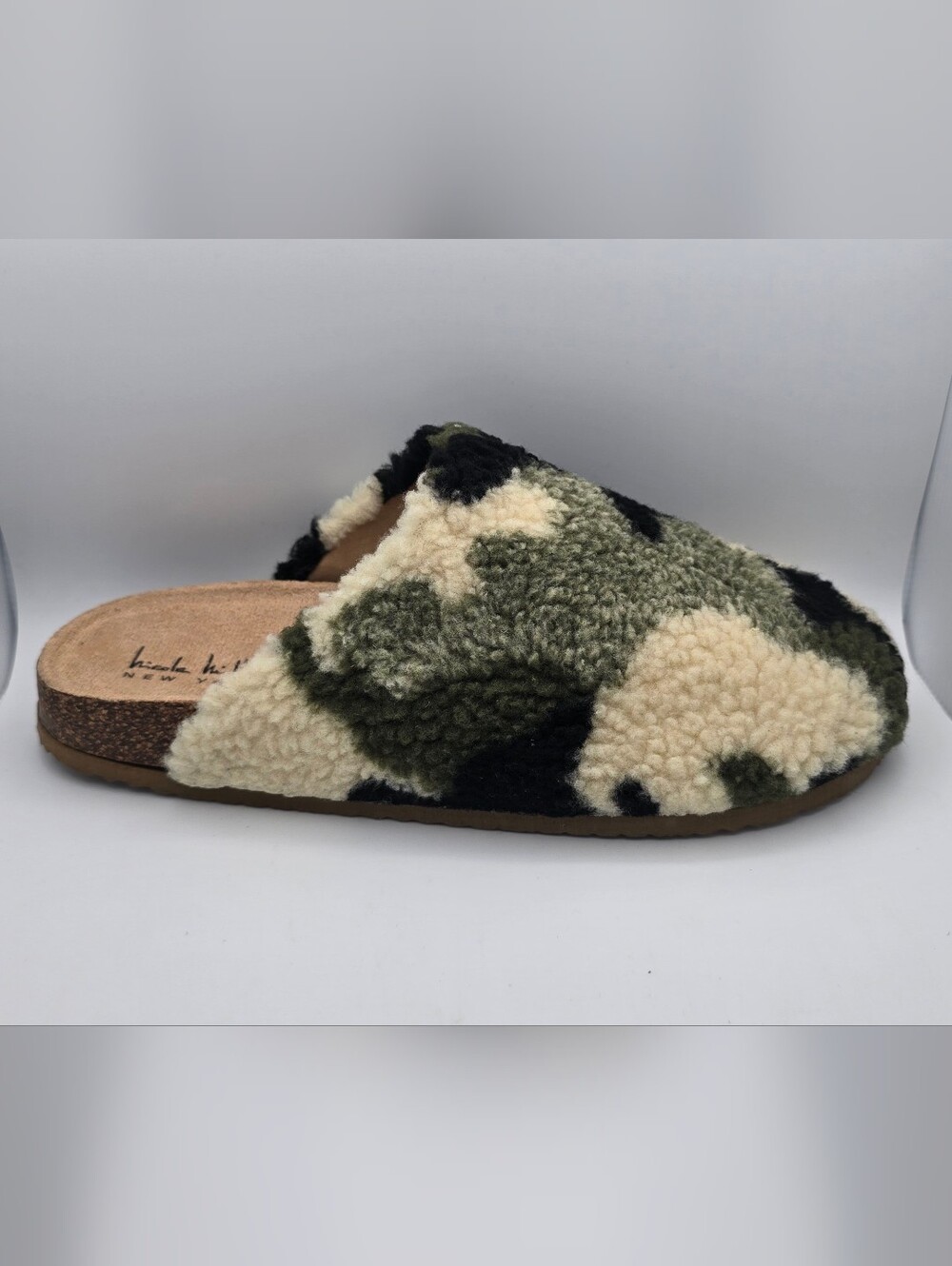 Nicole Miller BONDY Faux Fur Sherpa Shearling Slides 10 Cork Sole Mules Comfort